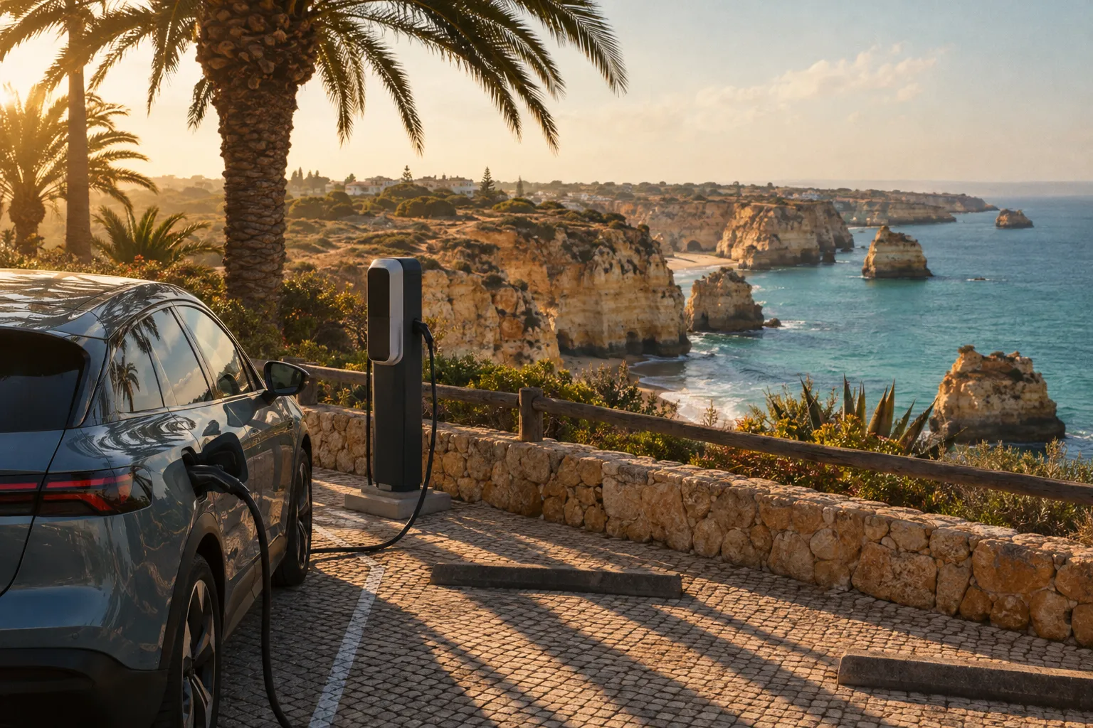 Charging station near the cliffs of the Algarve coast