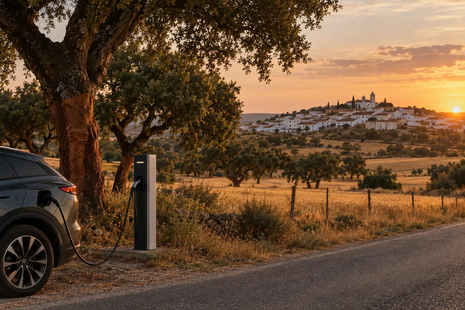 Charging point on a country road in Alentejo at sunset