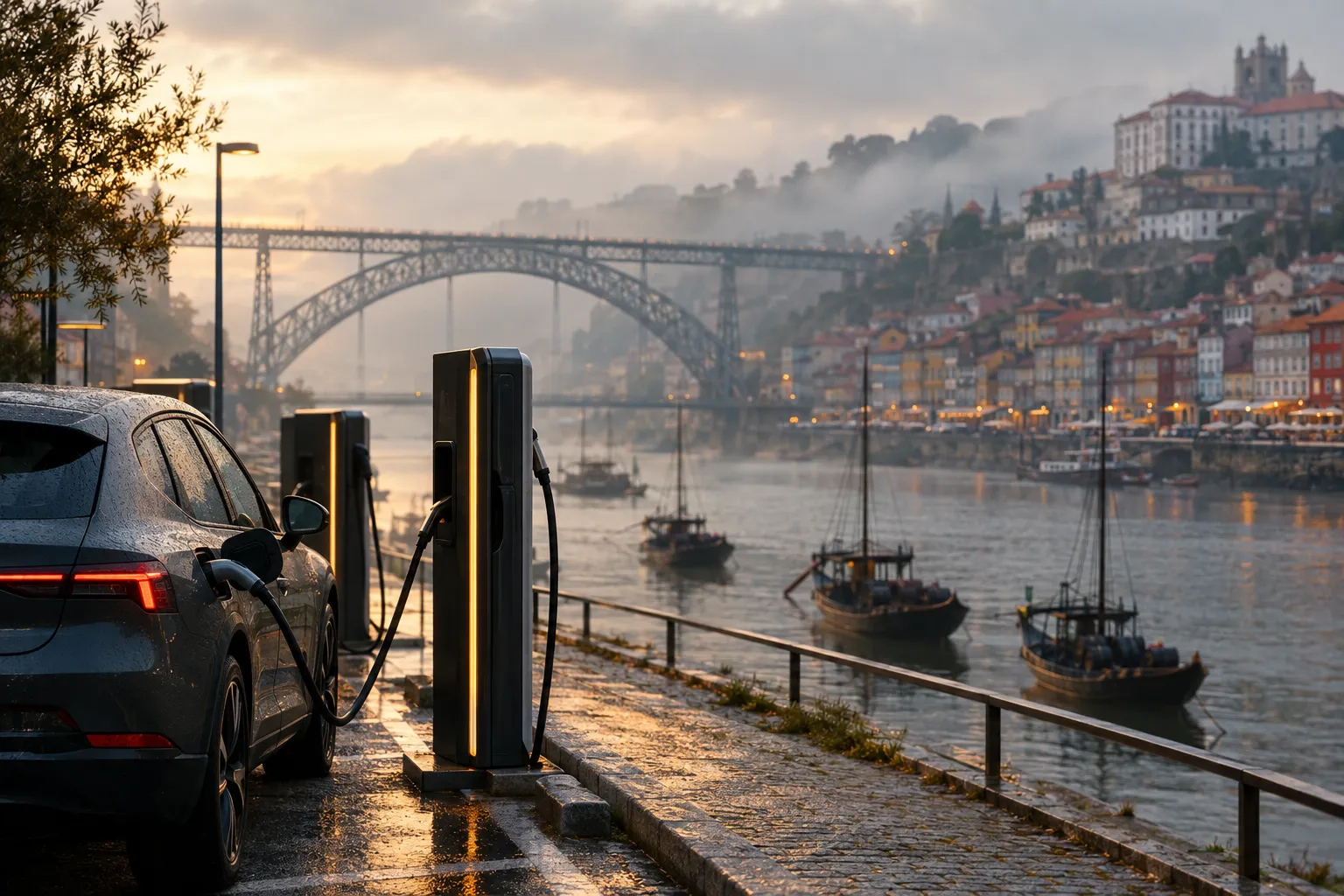 Electric car charging by the Douro river in Porto